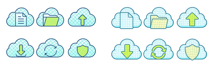 Cloud computing data storage network symbols for document folder upload download refresh and shield protection