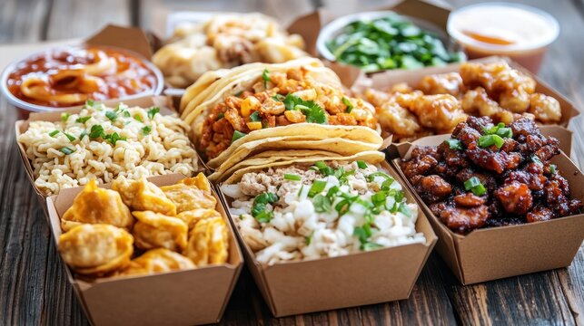 Assorted takeout containers filled with various Asian-inspired dishes