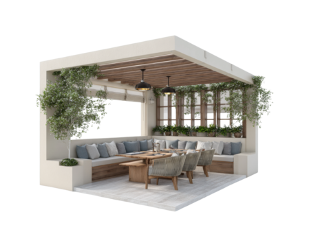 Stylish lounge area with greenery cozy furniture modern design relaxing ambiance isolated on transparent background, png