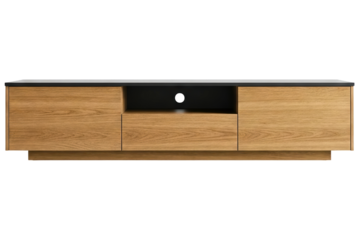 Modern wooden media console with cabinets and a center shelf isolated on a transparent background
