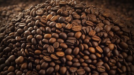 Close Up Macro Shot Of Roasted Coffee Beans Pile heap