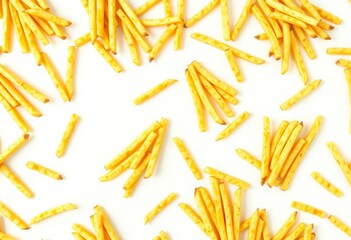 Seamless repeating pattern of golden french fries on a white background, digital, white