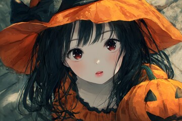 Cute anime girl in Halloween witch costume with pumpkin lantern