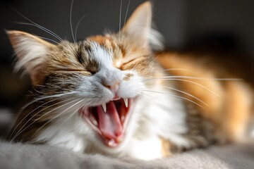 Close-up of a yawning fluffy tabby cat with sunlight