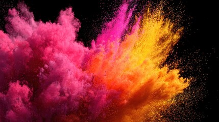 Vibrant Pink, Orange, Yellow Powder Explosion on Dynamic Black Background