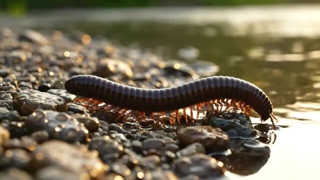 A millipede moves slowly across shiny wet stones, highlighting its many legs and segmented shiny body
