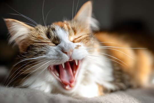 Close-up of a yawning fluffy tabby cat with sunlight