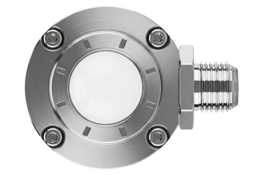 Industrial stainless steel sensor with dome lens and threaded port isolated on a transparent background