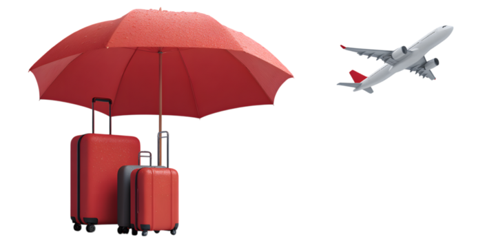 Red umbrella protecting luggage beneath an airplane
