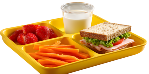 Healthy school lunch tray with sandwich and fresh vegetables
