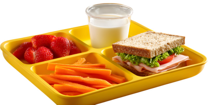 Healthy school lunch tray with sandwich and fresh vegetables