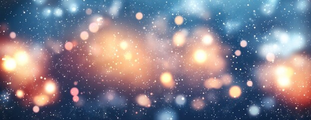 Fototapeta premium Background with white bokeh lights blurred snow wonderland.