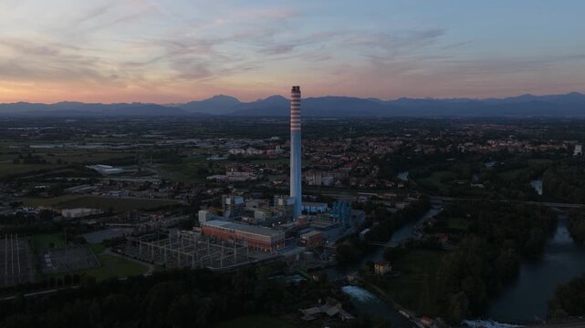 Thermoelectric power plant, generation thermal energy and electric energy generation. 848 megawatts. Italy. Aerial drone video.