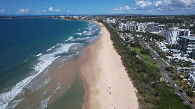 Seafront Cityscape Of Alexandra Headland In The Sunshine Coast Region, Queensland, Australia. Aerial Drone Shot