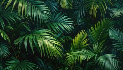 Dark Green Palm Leaves Pattern Tropical Jungle Foliage Nature Background Abstract Pixel Art Style Exotic Plant Close Up Detailed Texture Backdrop