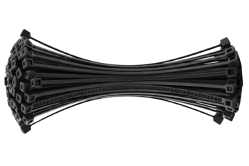 Large bundle of black nylon plastic cable ties for fastening isolated on a transparent background