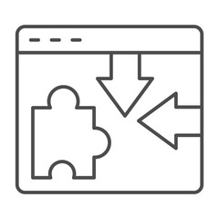 Website with arrows and puzzle piece thin line icon, osint analytics concept. Vector graphics. Browser plugin sample, privacy sign on white background, outline style icon of mobile or web design.
