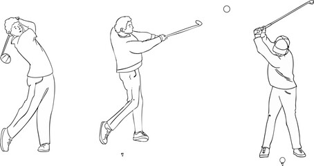 Set of black and white illustrations of golfers are making a shot. Vector illustration.