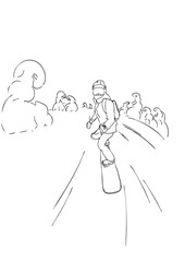 A snowboarder is riding down a mountain. Vector illustration. Black and white illustration.