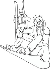 A skier and a snowboarder are standing on the snow. Vector illustration. Black and white illustration.