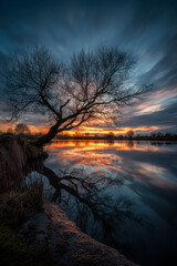 Fototapeta premium Solitary Tree at Sunset Lake – AI Generative