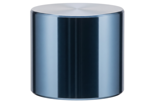 Shiny blue anodized aluminum cylinder with a brushed metal top isolated on a transparent background