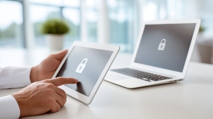 A person interacts with a tablet showing a padlock icon, with a laptop in the background also displaying a security symbol, emphasizing digital data protection.