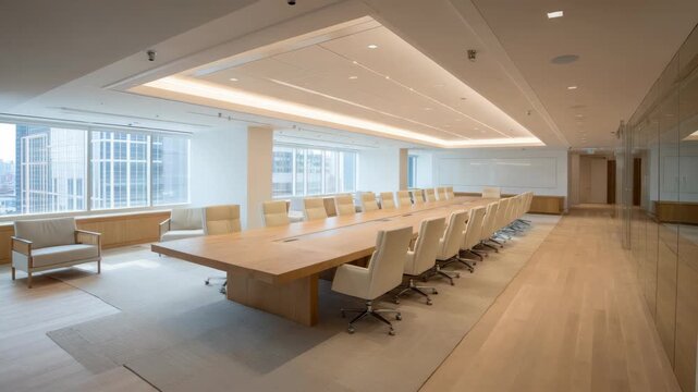 Empty Conference Room with Modern Design Featuring Long Wooden Table White Chairs and Bright Overhead Lighting with Cityscape View from Windows