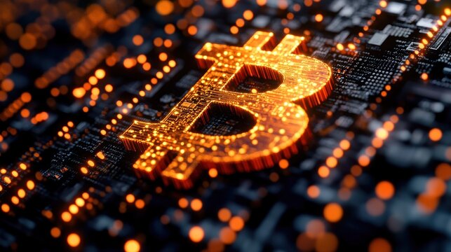 Bitcoin symbol on a circuit board, glowing orange - Powered by Adobe