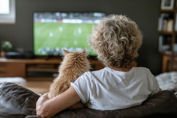 A person with curly hair and a fluffy cat are sitting on a couch, watching a soccer game on television.