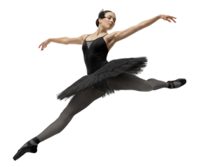 Graceful dancer in dark costume doing grand jete in the air on isolated background