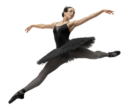 Graceful dancer in dark costume doing grand jete in the air on isolated background