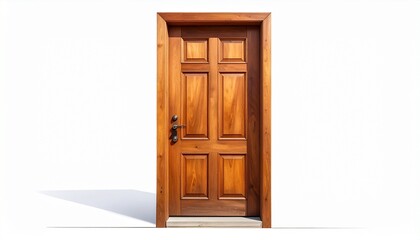 Classic wooden door with six rectangular panels and metal handle, set in a frame against a plain white background, showcasing traditional craftsmanship and design.