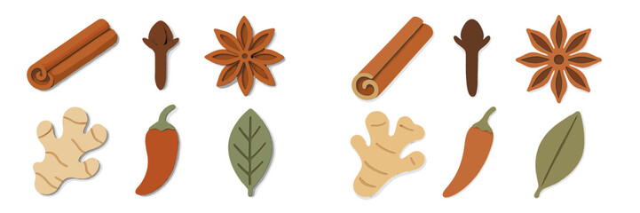 Collection of aromatic culinary spices and fresh herbs including cinnamon, ginger, star anise, cloves, chili, and bay leaf
