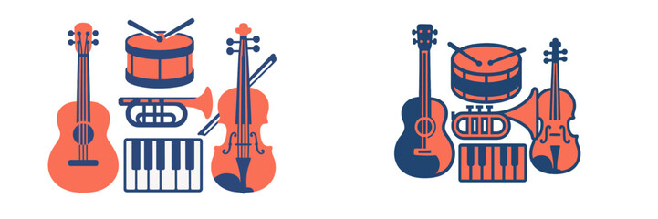 Diverse collection of musical instruments featuring guitar drum trumpet piano and violin in a modern flat design style © icon_art