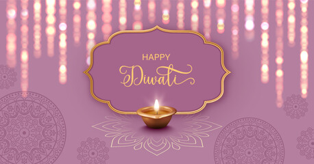 Diwali Concept design. Festival banner with lights, copper diya lamp and golden frame