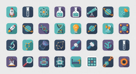 Inspiring science and technology icons perfect for education or research presentations, featuring rockets, atoms, DNA, planets, robots, and microscopes in a modern, engaging style