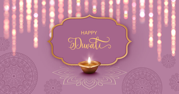 Diwali Concept design. Festival banner with lights, copper diya lamp and golden frame