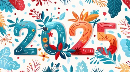 Fototapeta premium Floral illustration design welcoming the year 2025 with colorful leaf pattern