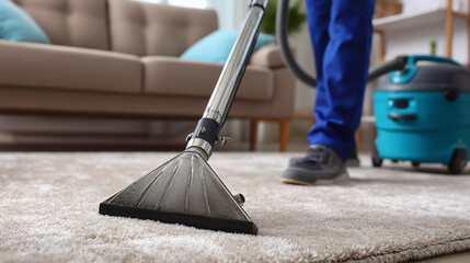 Cleaning service worker using a wet vacuum cleaner extracting dirt from carpet in home living room