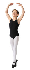 Obraz premium Graceful boy ballet dancer in black leotard demonstrating elegant posture in training
