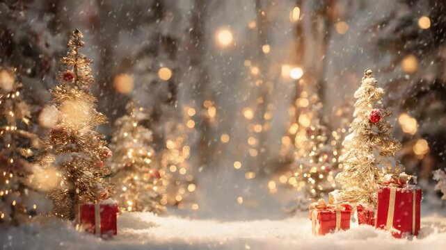 Enchanted winter scene showcases sparkling trees and festive gifts, creating a magical holiday atmosphere with soft snowfall and warm lights