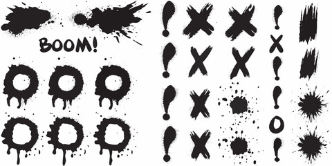 Obraz premium Collection of black ink splatter brush strokes and hand drawn symbols for design