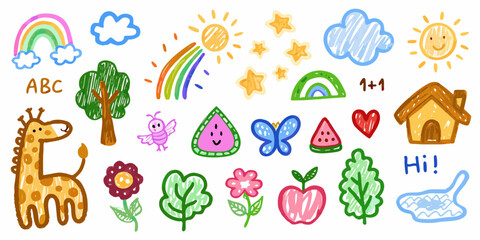 Collection of cheerful hand drawn children s illustrations including a giraffe sun clouds rainbow and house