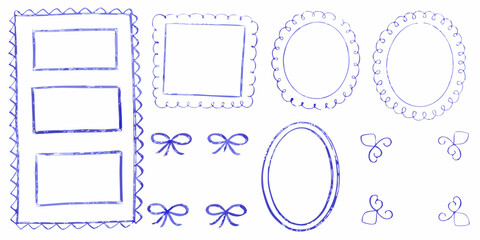 Collection of hand drawn blue watercolor frames and decorative elements including bows and swirls