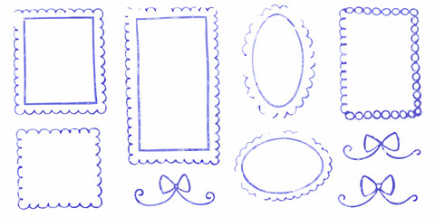 Collection of hand drawn blue scalloped and decorative frames and bows on white background