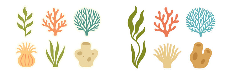 Vibrant collection of diverse marine plants, coral, and sea sponges in a stylized graphic design for underwater themes