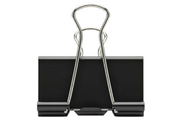 Single black metal binder clip with silver handles for paper isolated on a transparent background