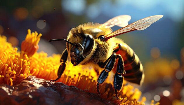 Detailed Macro Shot of a Bee Collecting Pollen on Orange Flowers under Bright Sunlight with Blurred Natural Background