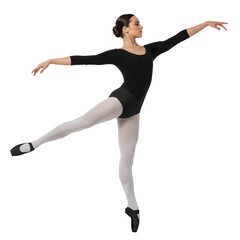 Fototapeta premium Ballet dancer in black leotard performing arabesque pose in isolated background